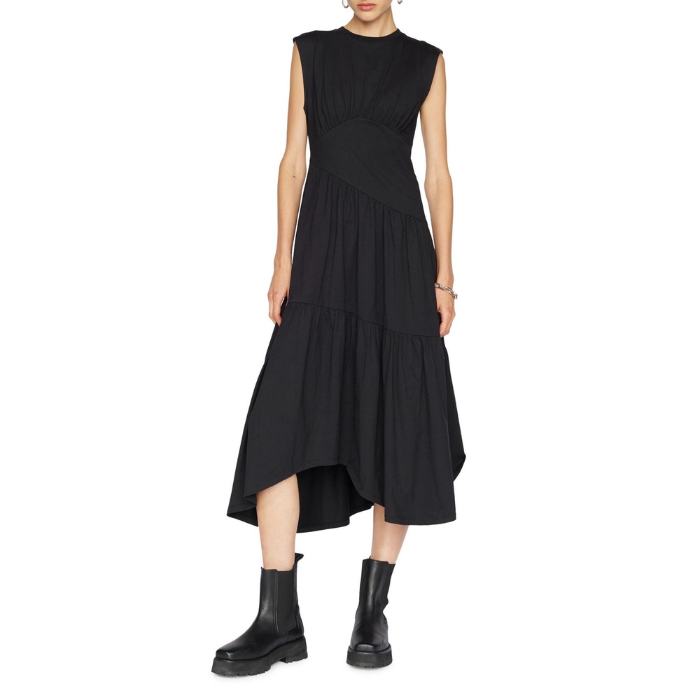 FRAME Organic Cotton Gathered Seam Tiered Midi Dress M Noir